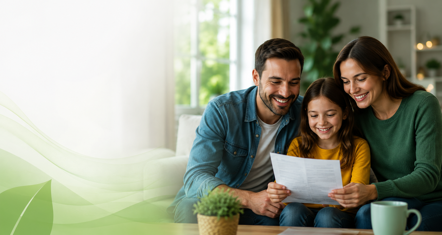 Família feliz analisando a conta de energia e simulando economia